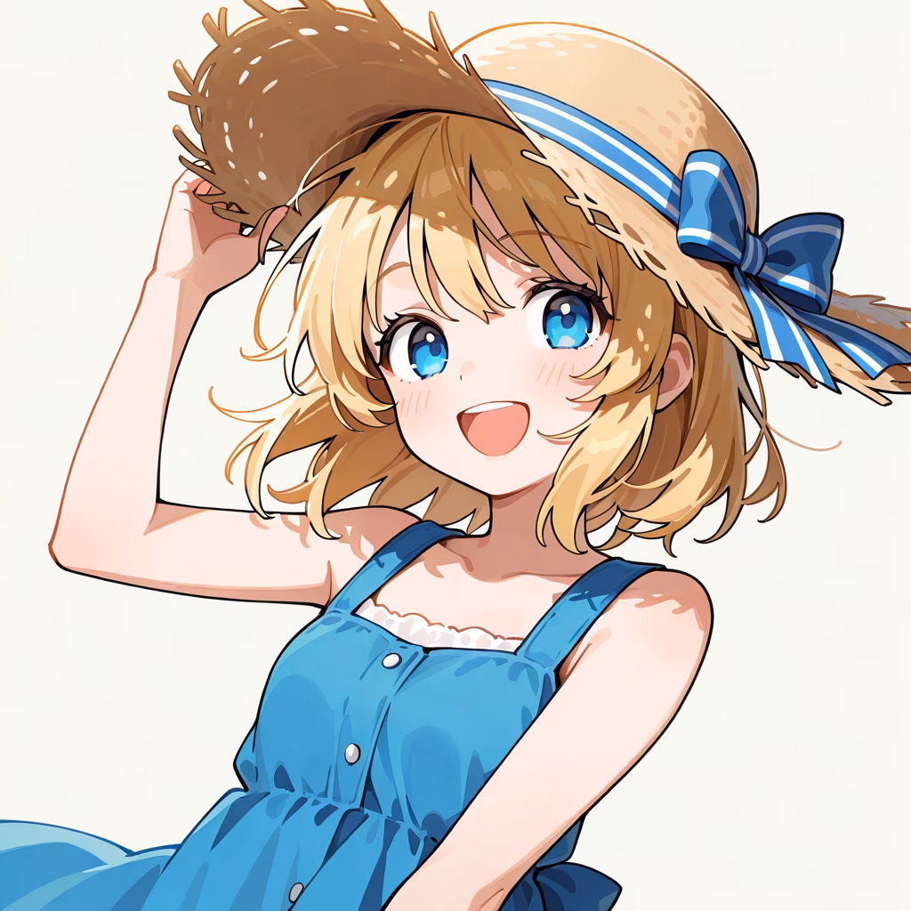 1girl straw hat hat ribbon hand on headwear :D , simple background