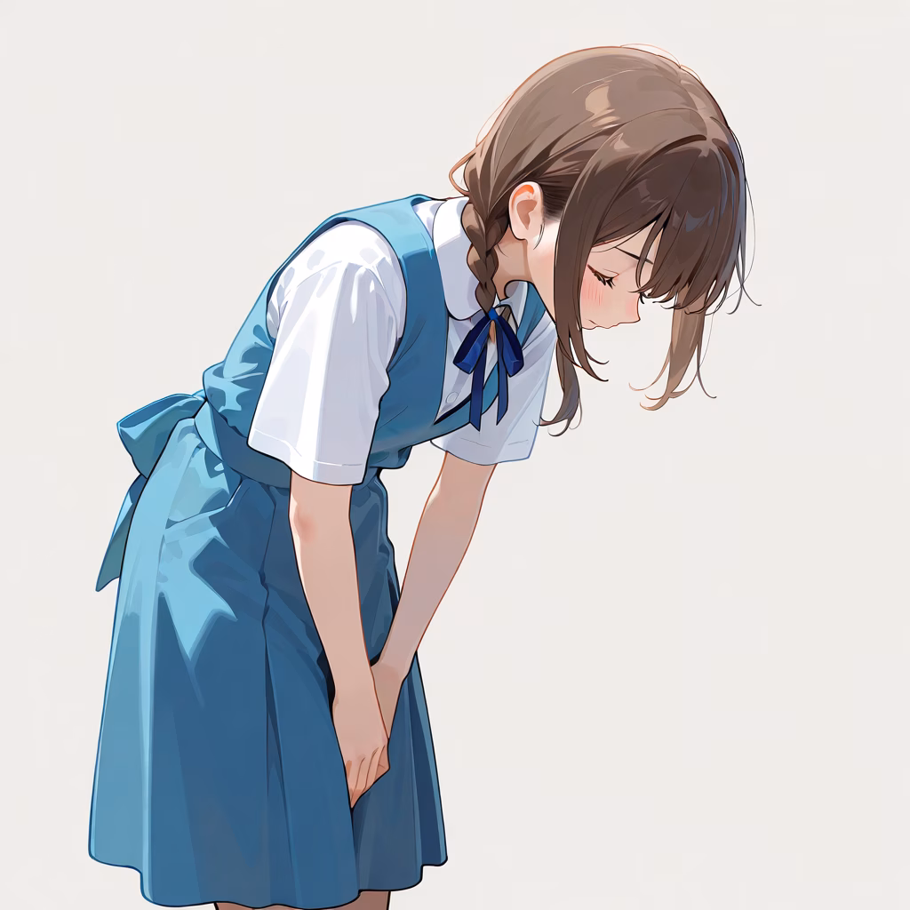 1girl bowing cowboy shot simple background