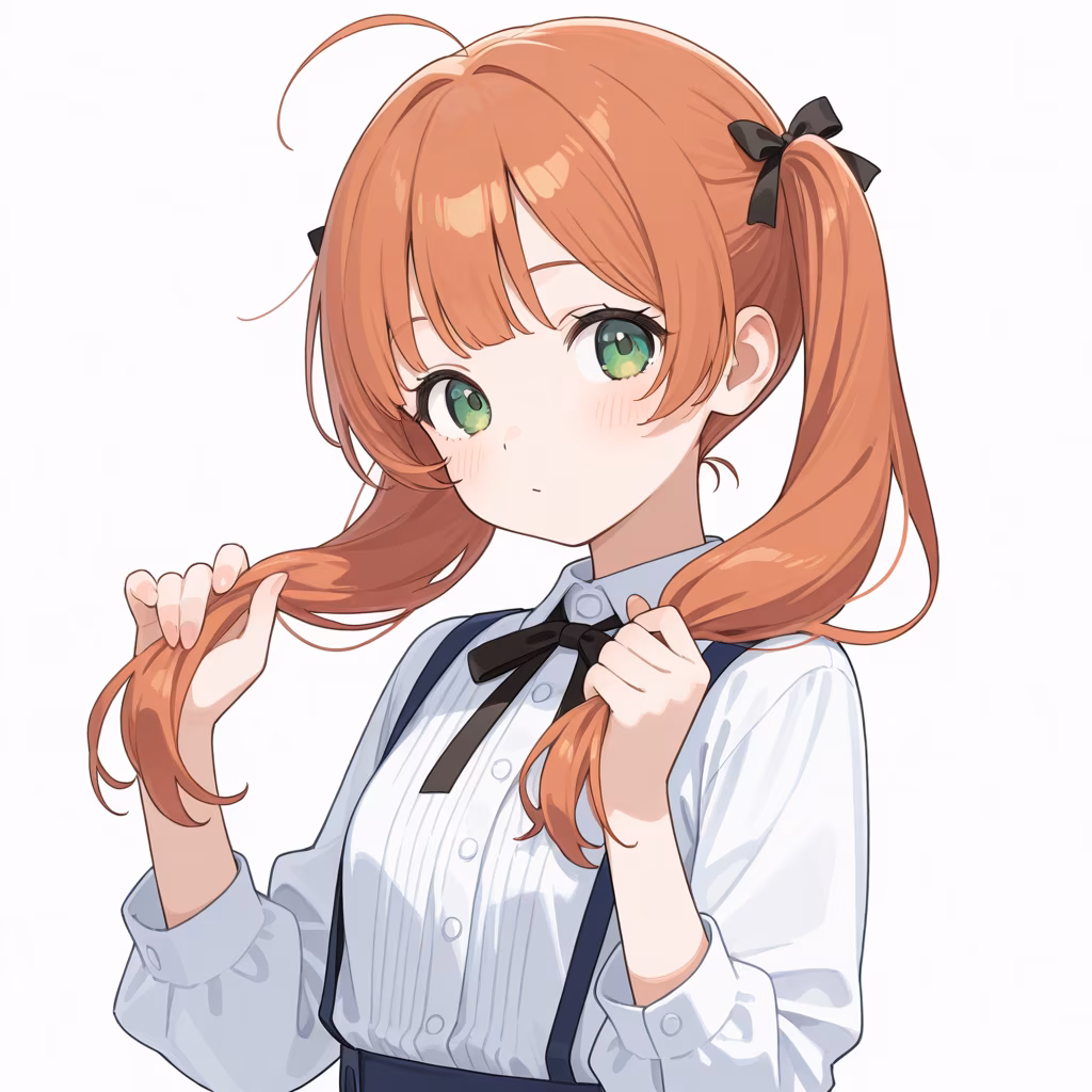 1girl holding own hair twintails white background
