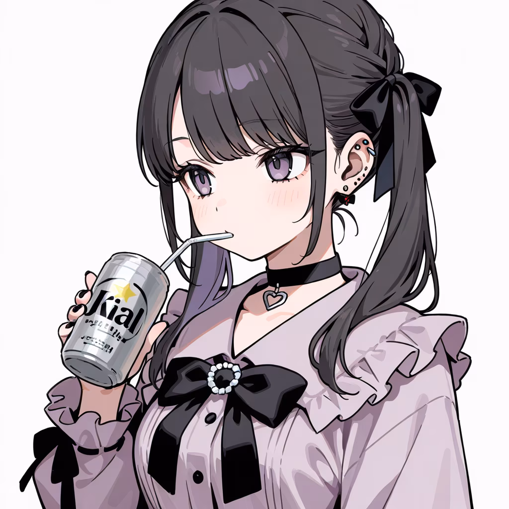 1girl jirai kei holding a can drinking straw simple background