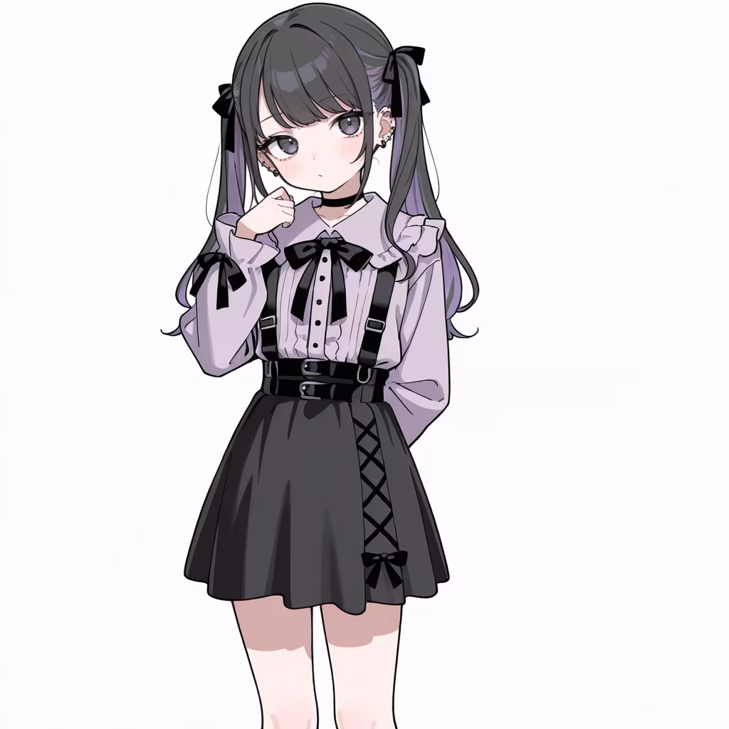 1girl jirai kei black suspender skirt standing arm behind back