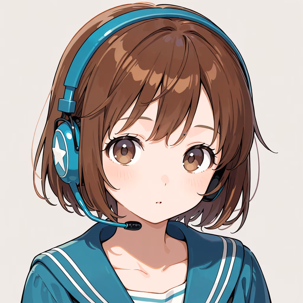 1girl headset simple background brown hair