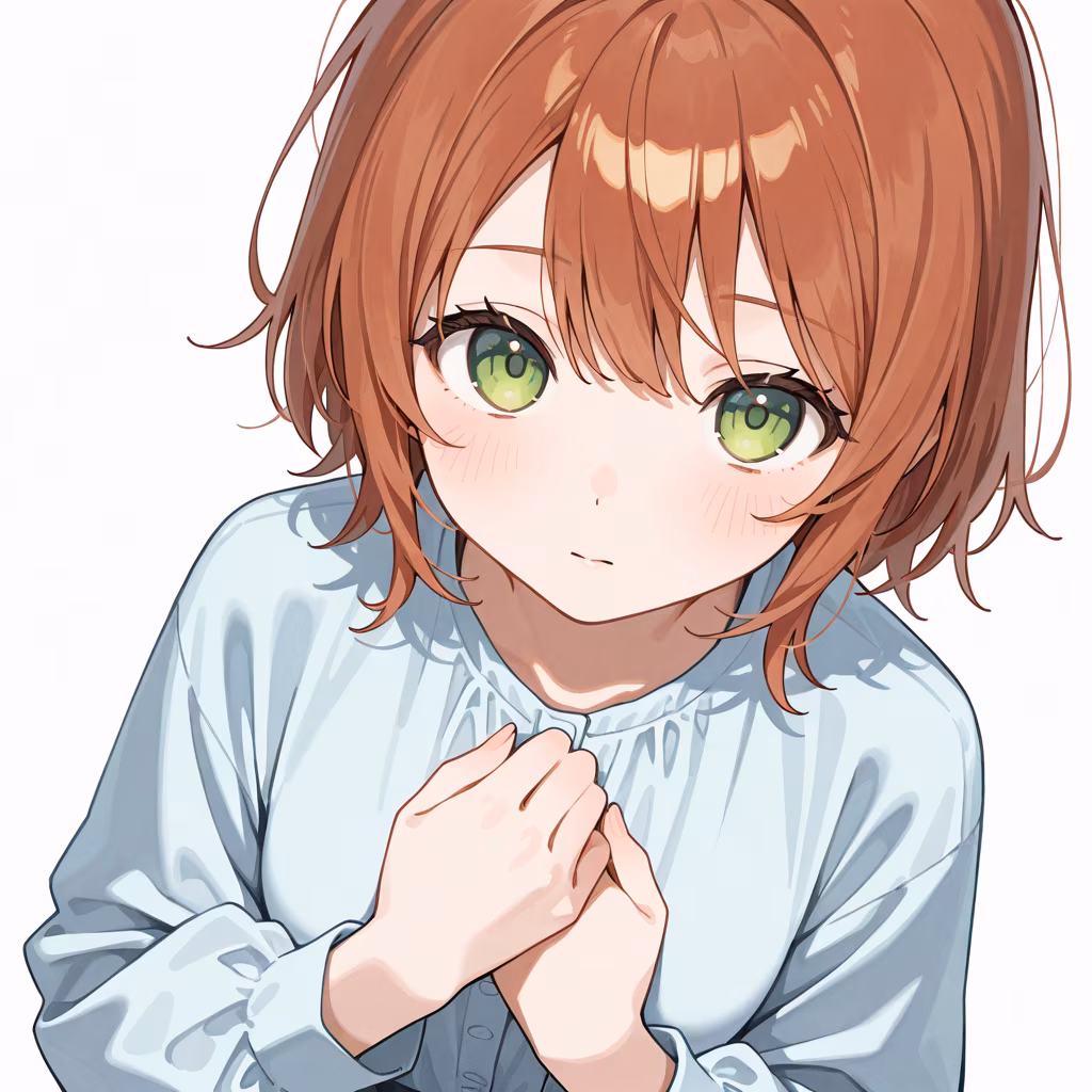 1girl,  looking at viewer, from above, upper body, hands on own chest, general