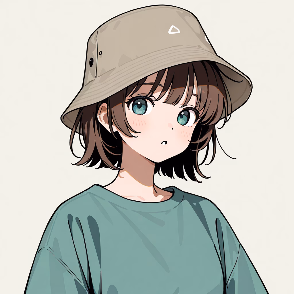 1girl bucket hat general upper body simple background