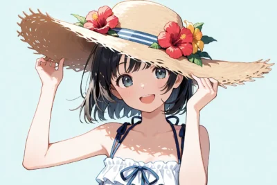 1girl straw hat hat flower hibiscus hand on headwear black