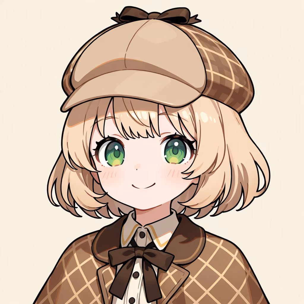 1girl deerstalker upper body smile simple background