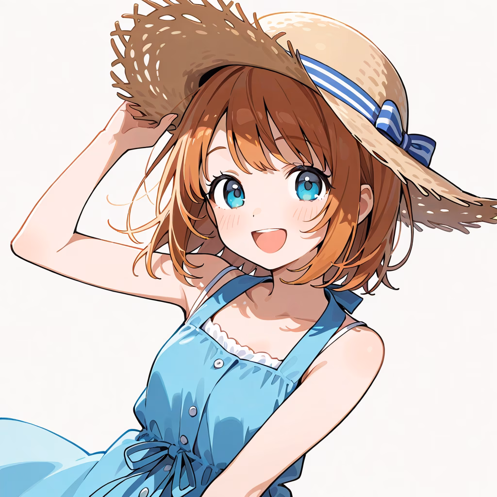 1girl, straw hat, :D, simple background