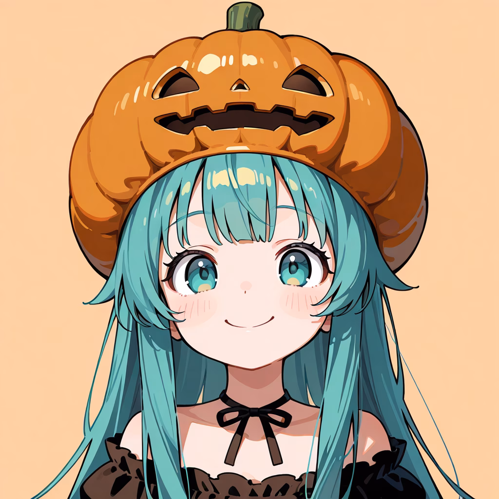 1girl pumpkin hat upper body smile simple background