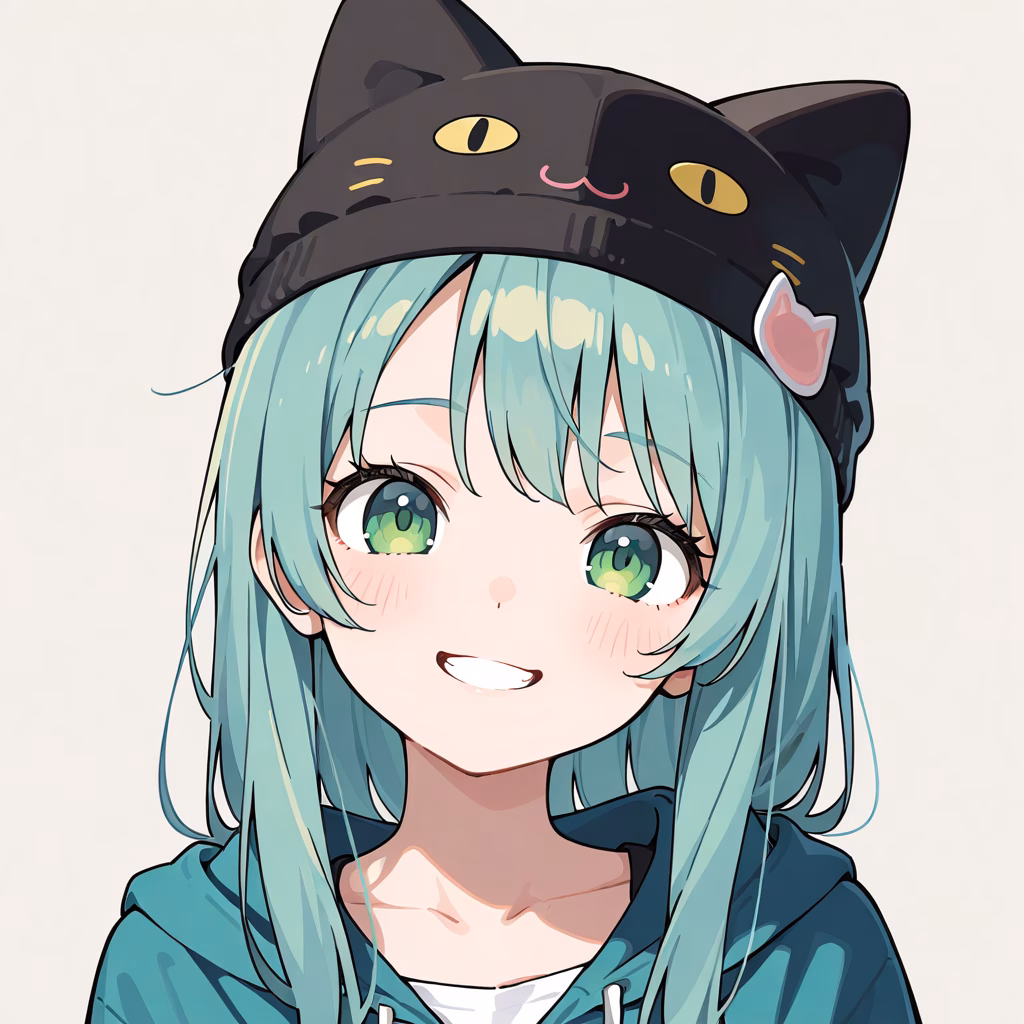 1girl cat hat upper body smile simple background