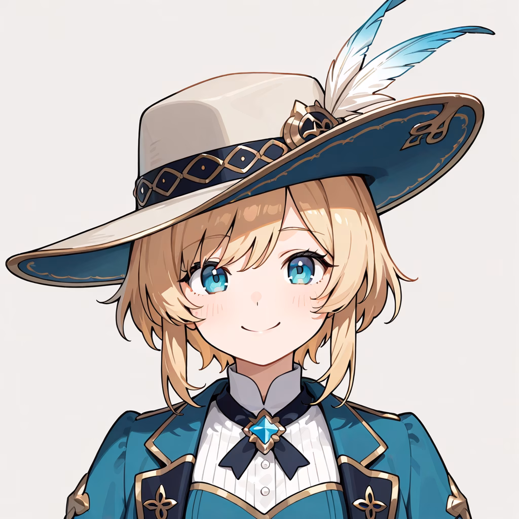 1girl hat feather upper body smile simple background