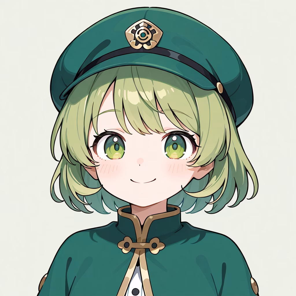 1girl green hat upper body smile simple background
