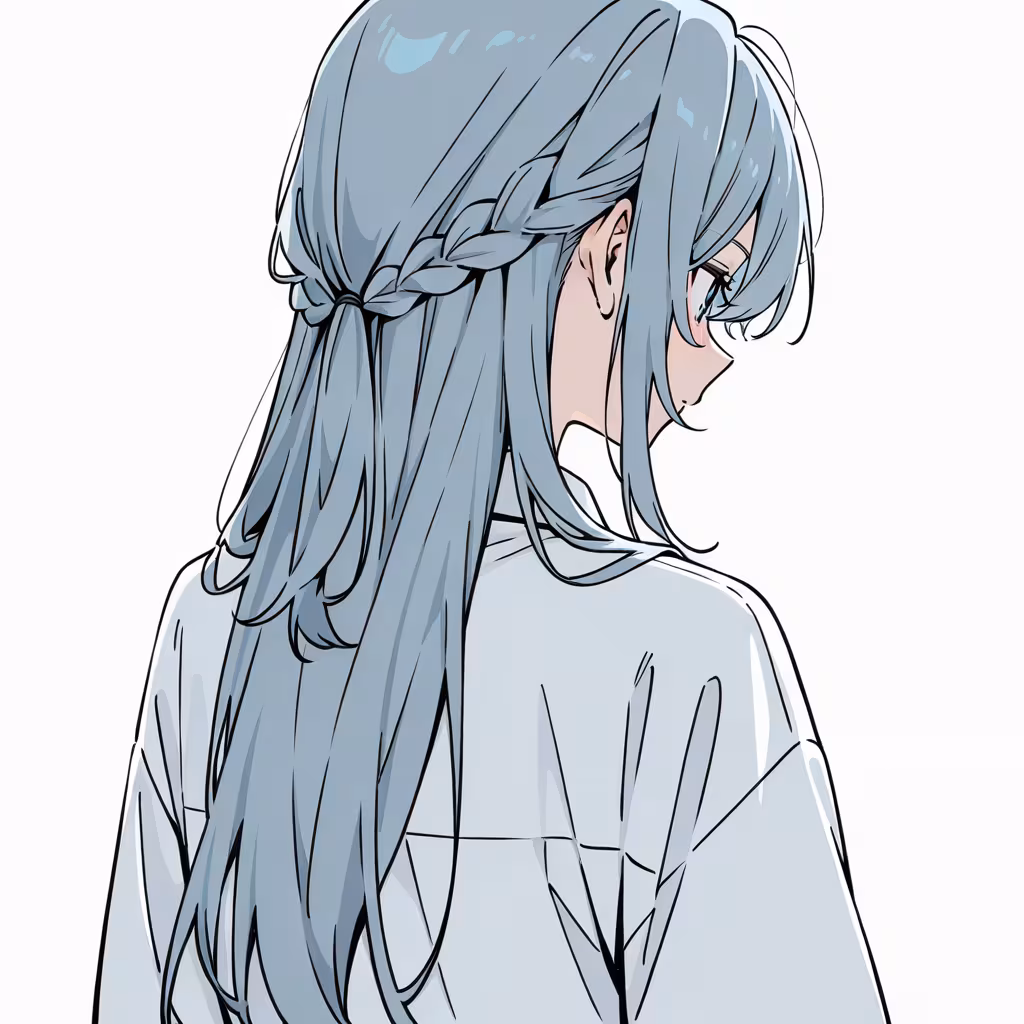 1girl half up half down braid from behind simple background