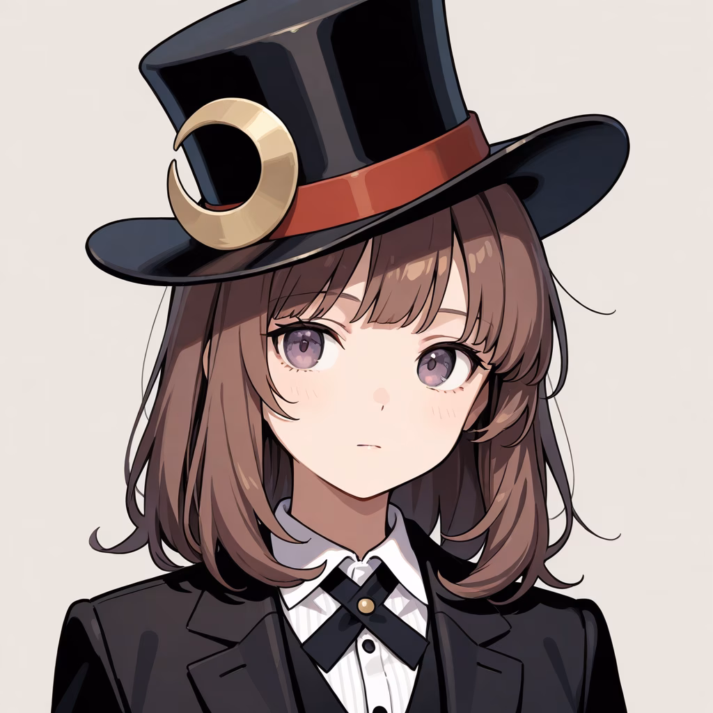 1girl crescent hat ornament top hat portrait simple background medium hair