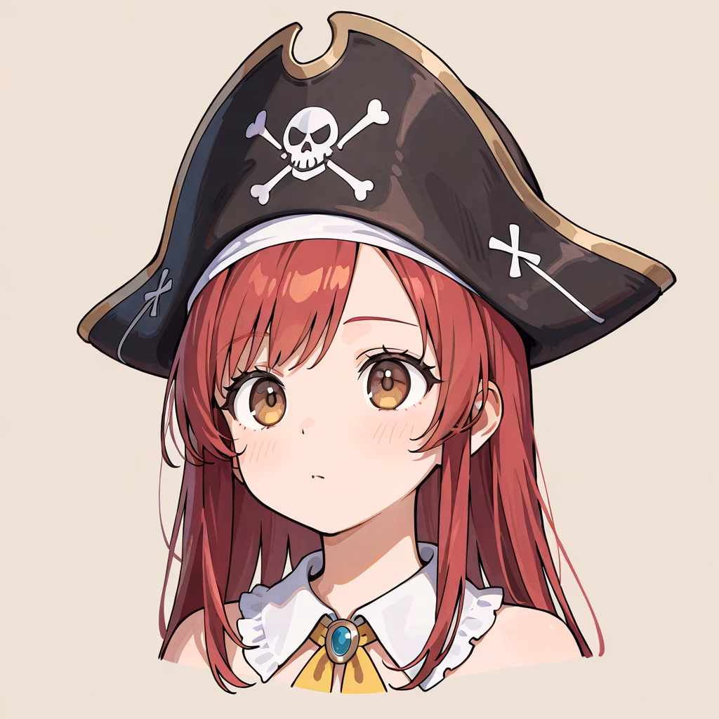 1girl pirate hat upper body simple background