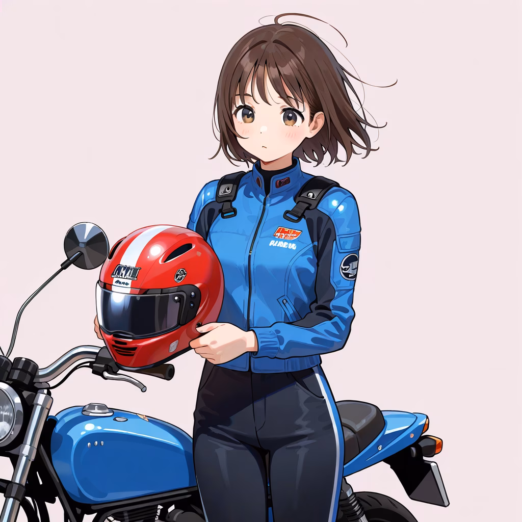 1girl motorcycle helmet unworn headwear cowboy shot general simple background
