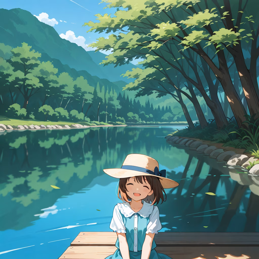 1girl lake hat general day