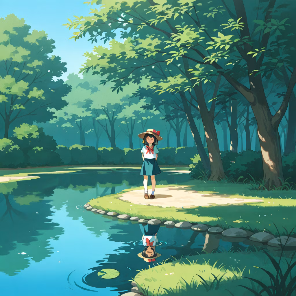 1girl pond hat general day