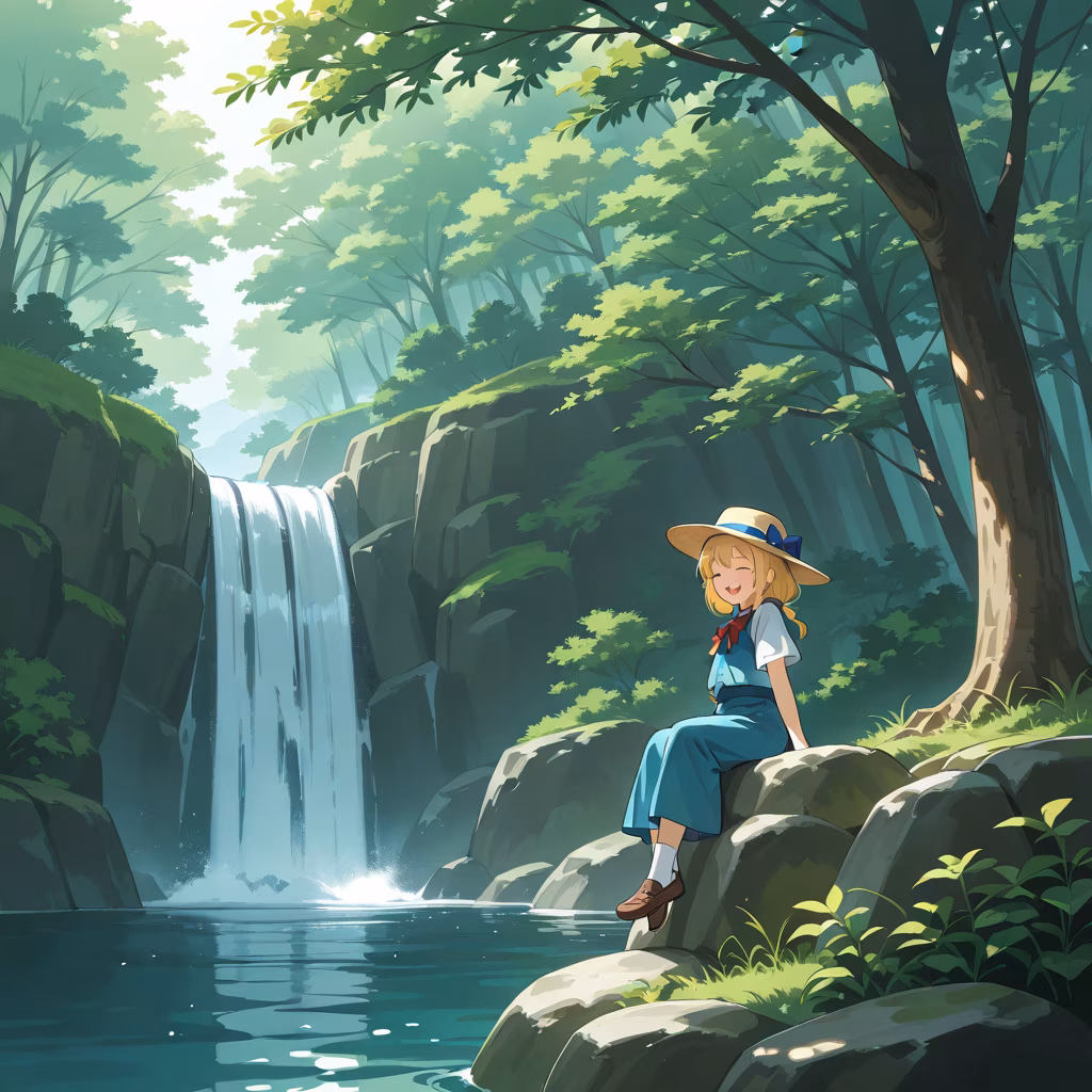 1girl waterfall hat general day