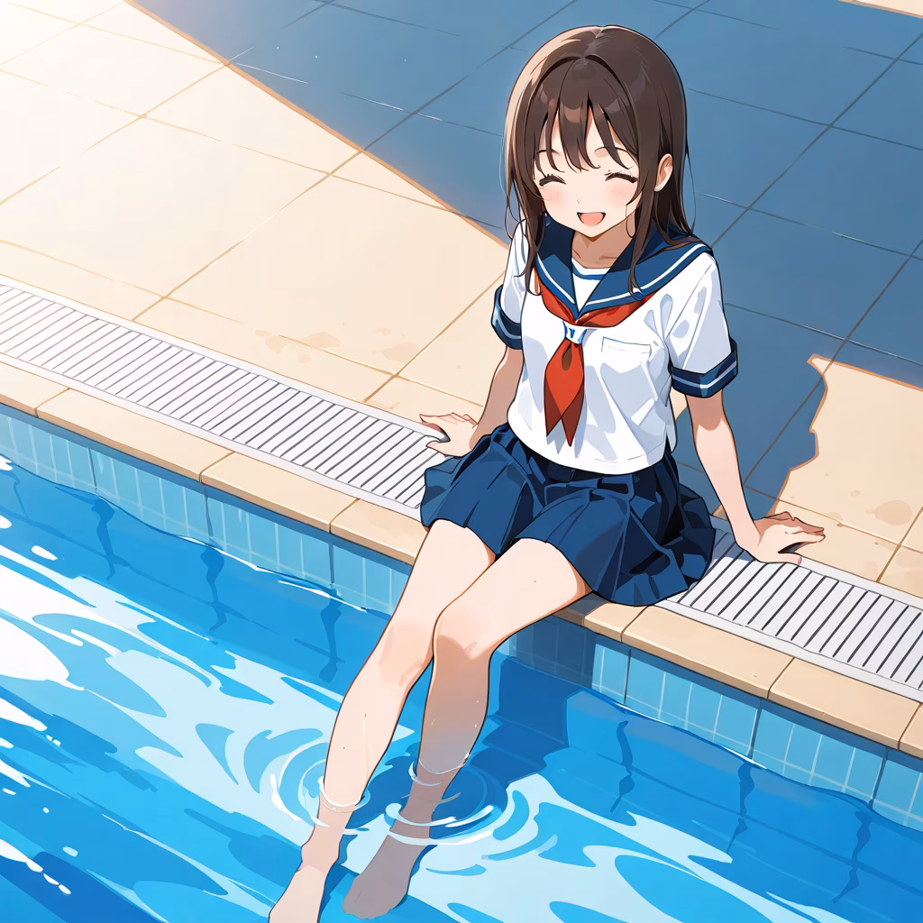 1girl poolside soaking feet serafuku happy closed eyes