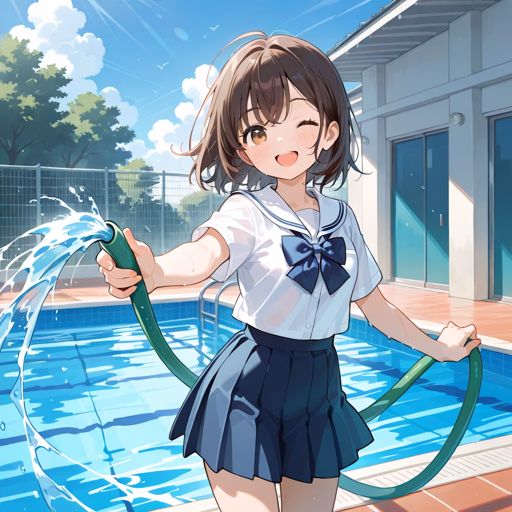 1girl pool 1 2 holding hose white shirt school uniform