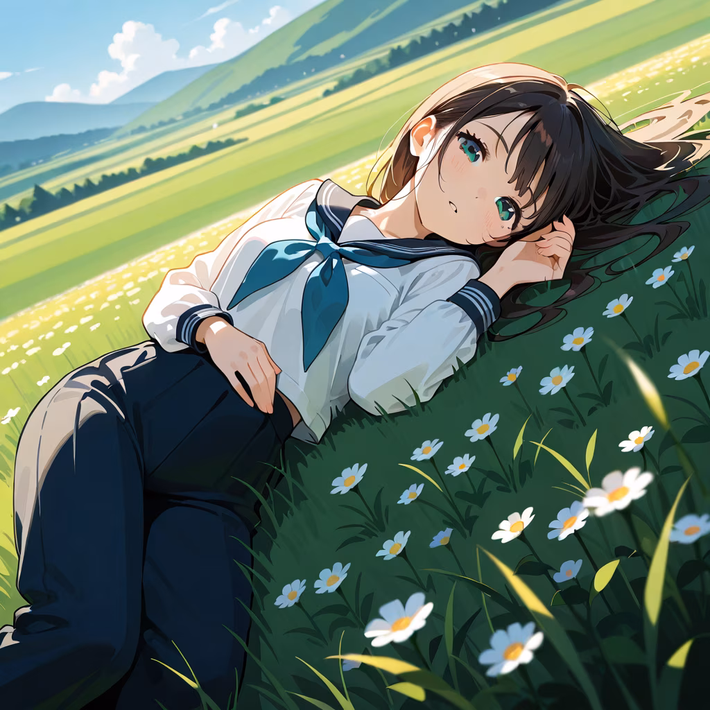 1girl hill lying depth of field