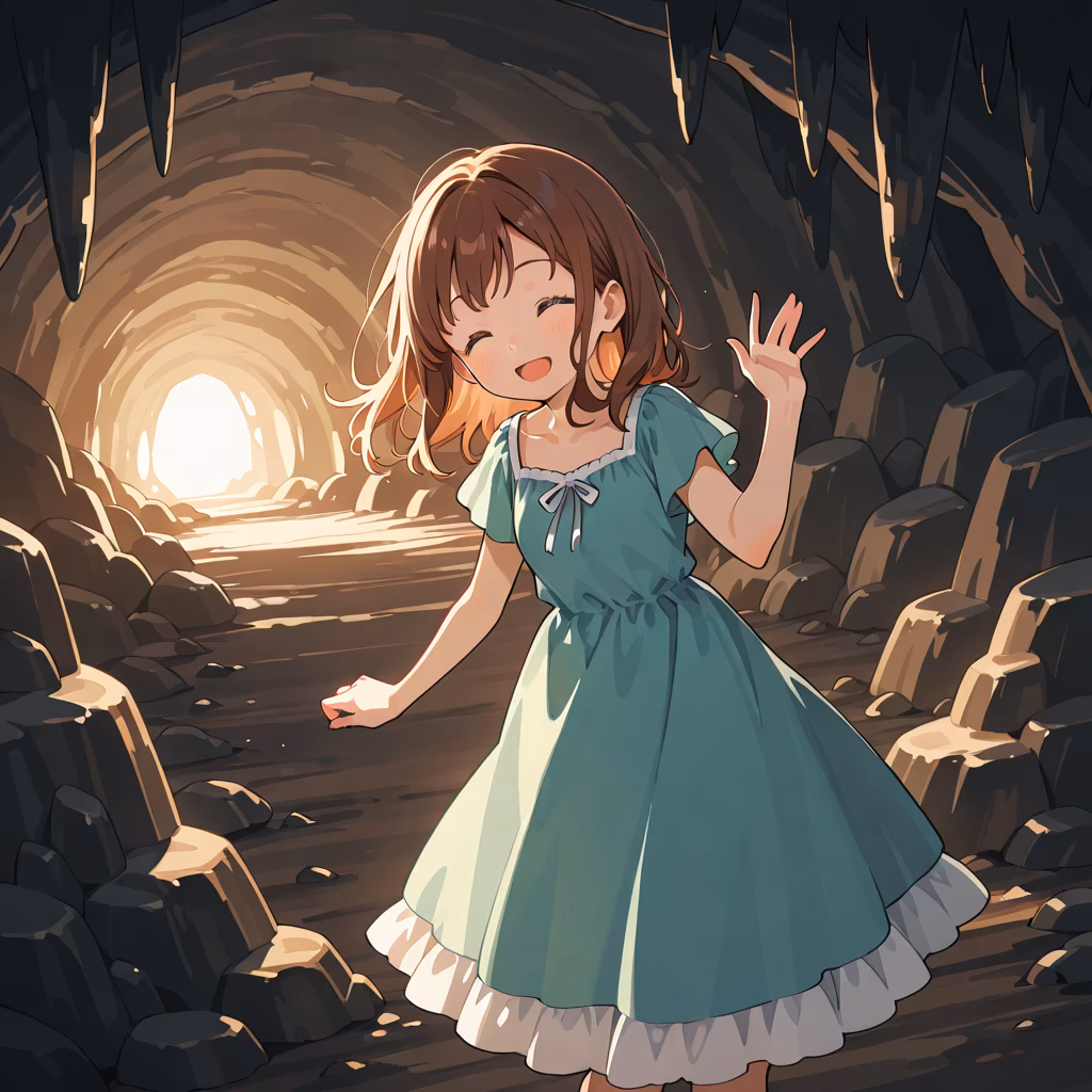 1girl cave dress smile closed eyes hand up open mouth