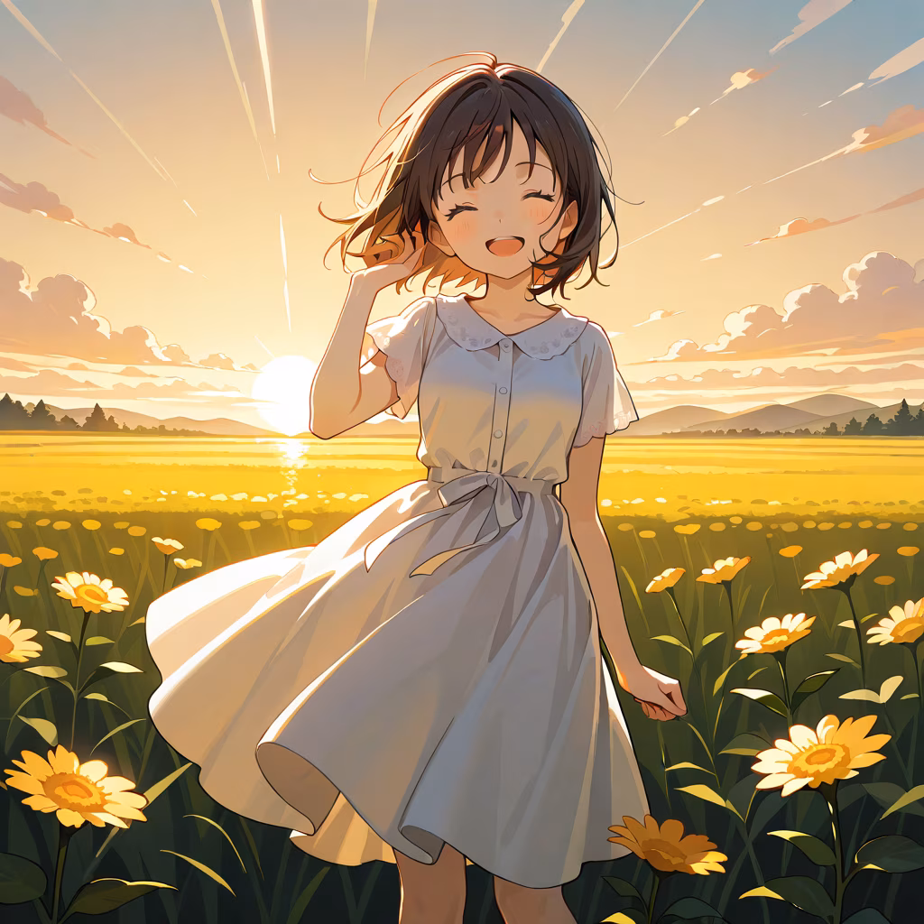 1girl field dress smile closed eyes hand up open mouth