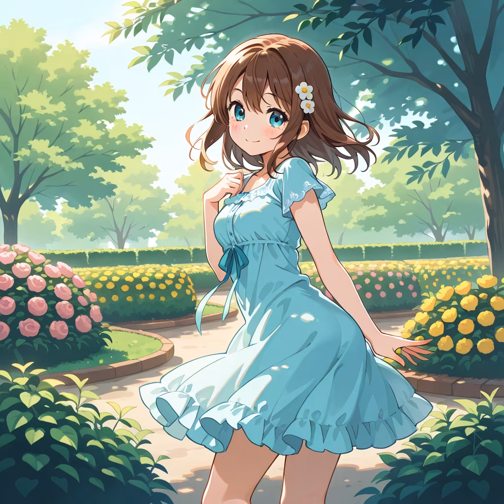 1girl garden twisted torso smile dress