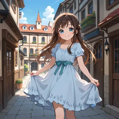 1girl town smile dress