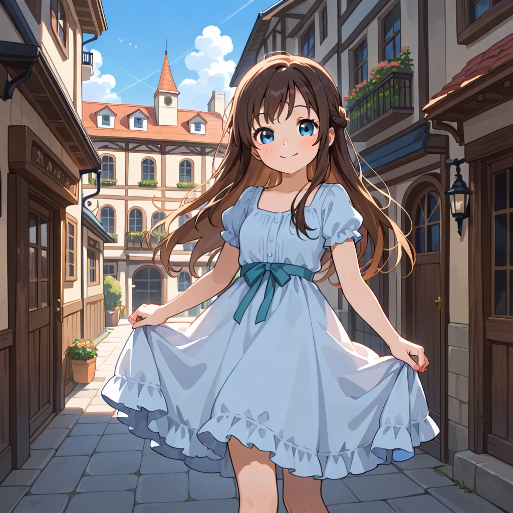 1girl town smile dress