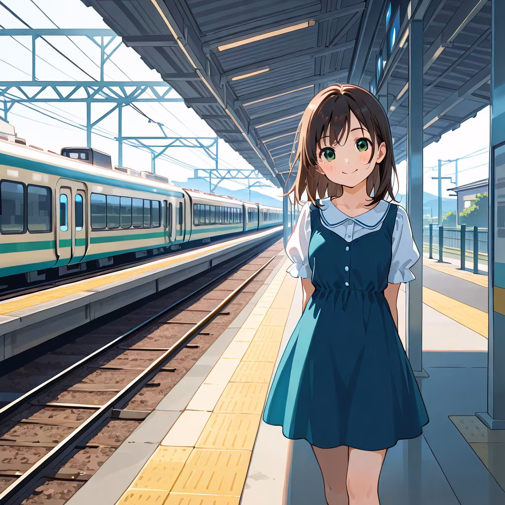 1girl train station smile dress