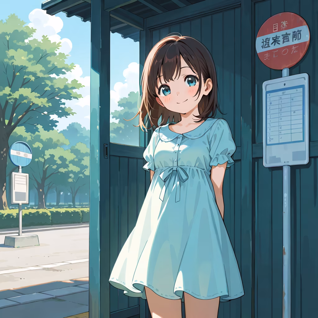 1girl bus stop smile dress