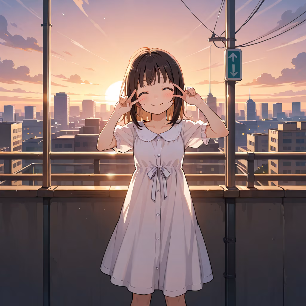 1girl cityscape smile dress v over eye