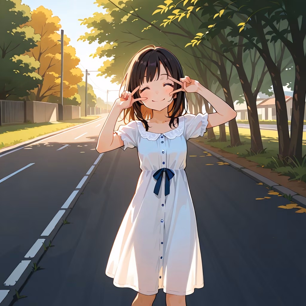 1girl road smile dress v over eye