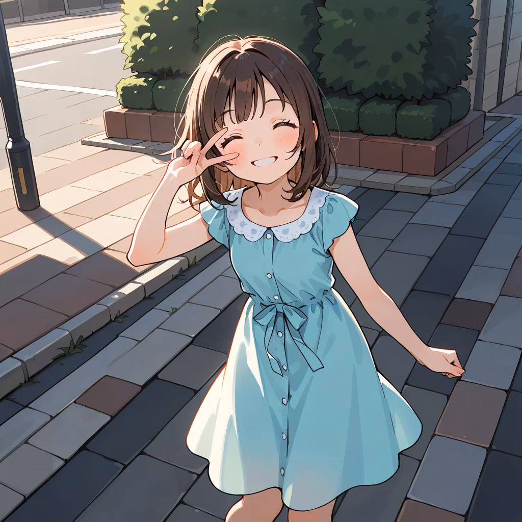 1girl sidewalk smile dress v over eye