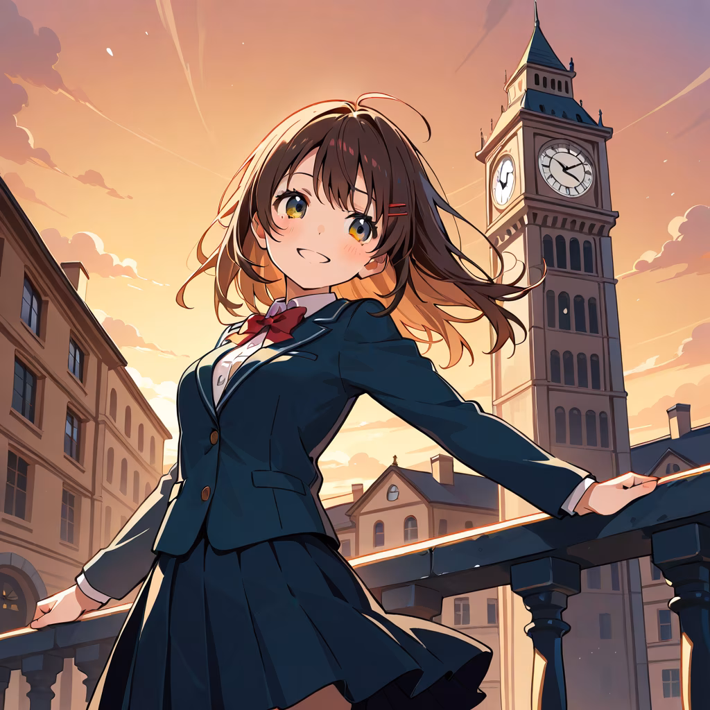 1girl clock tower smile