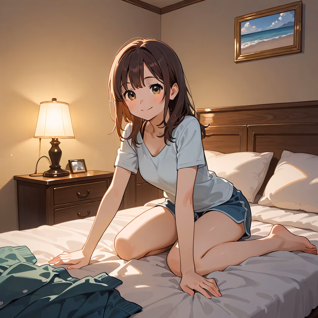 1girl bedroom smile