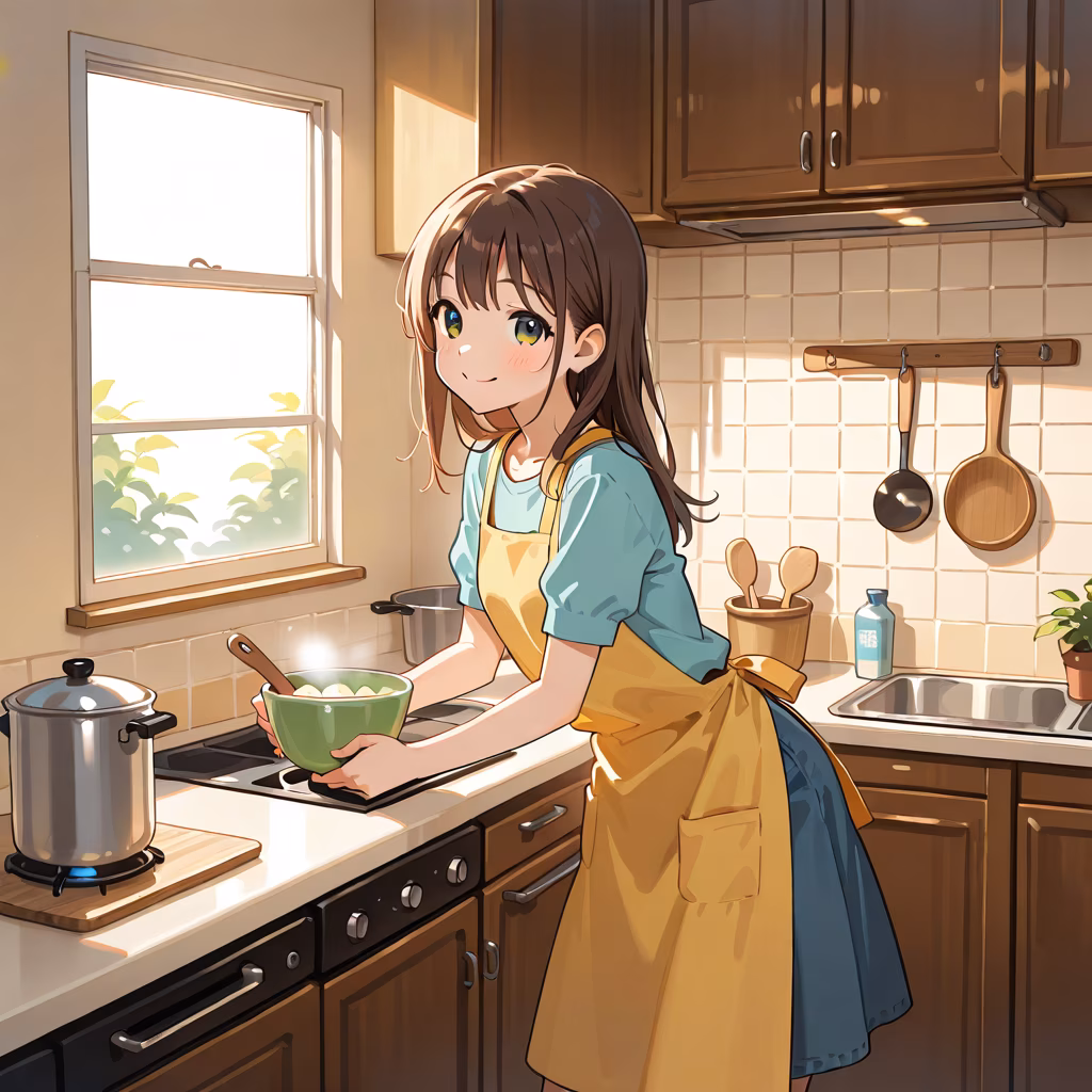 1girl kitchen smile