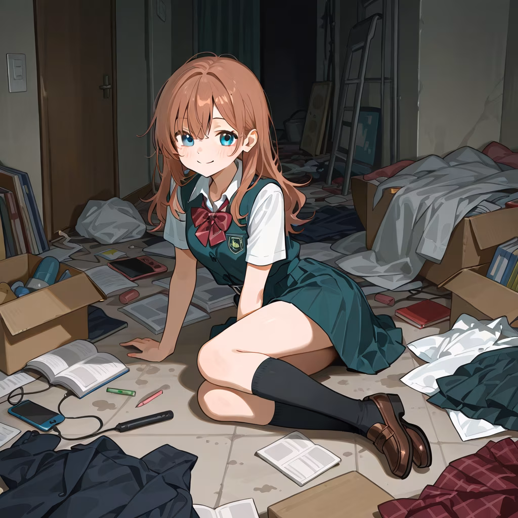 1girl messy room smile
