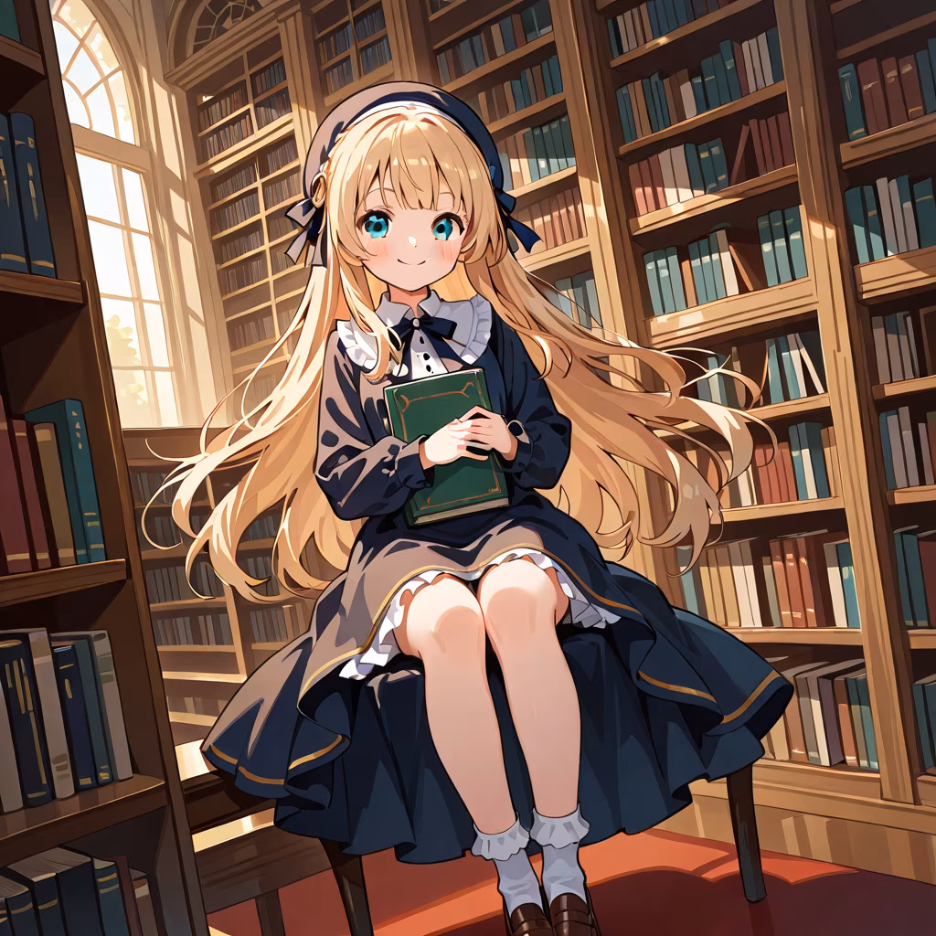 1girl library smile