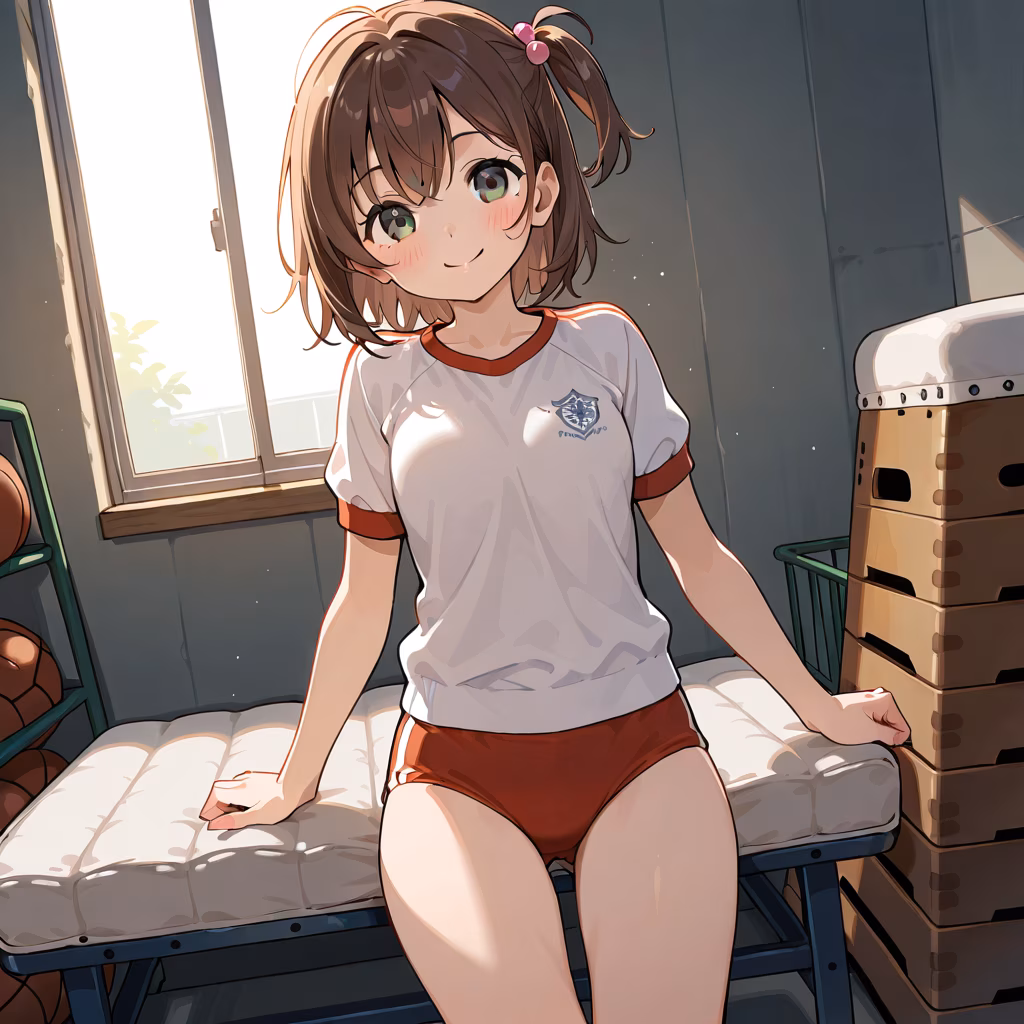 1girl gym storeroom smile