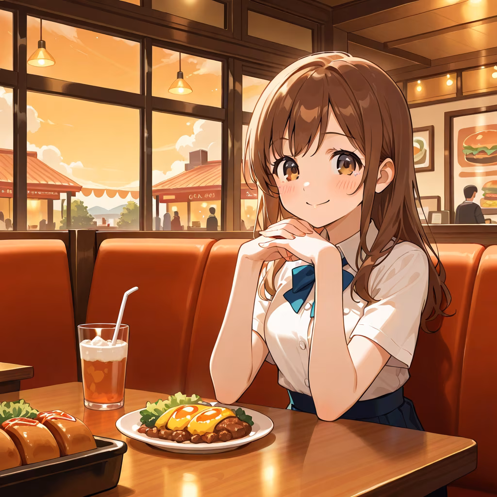 1girl restaurant smile