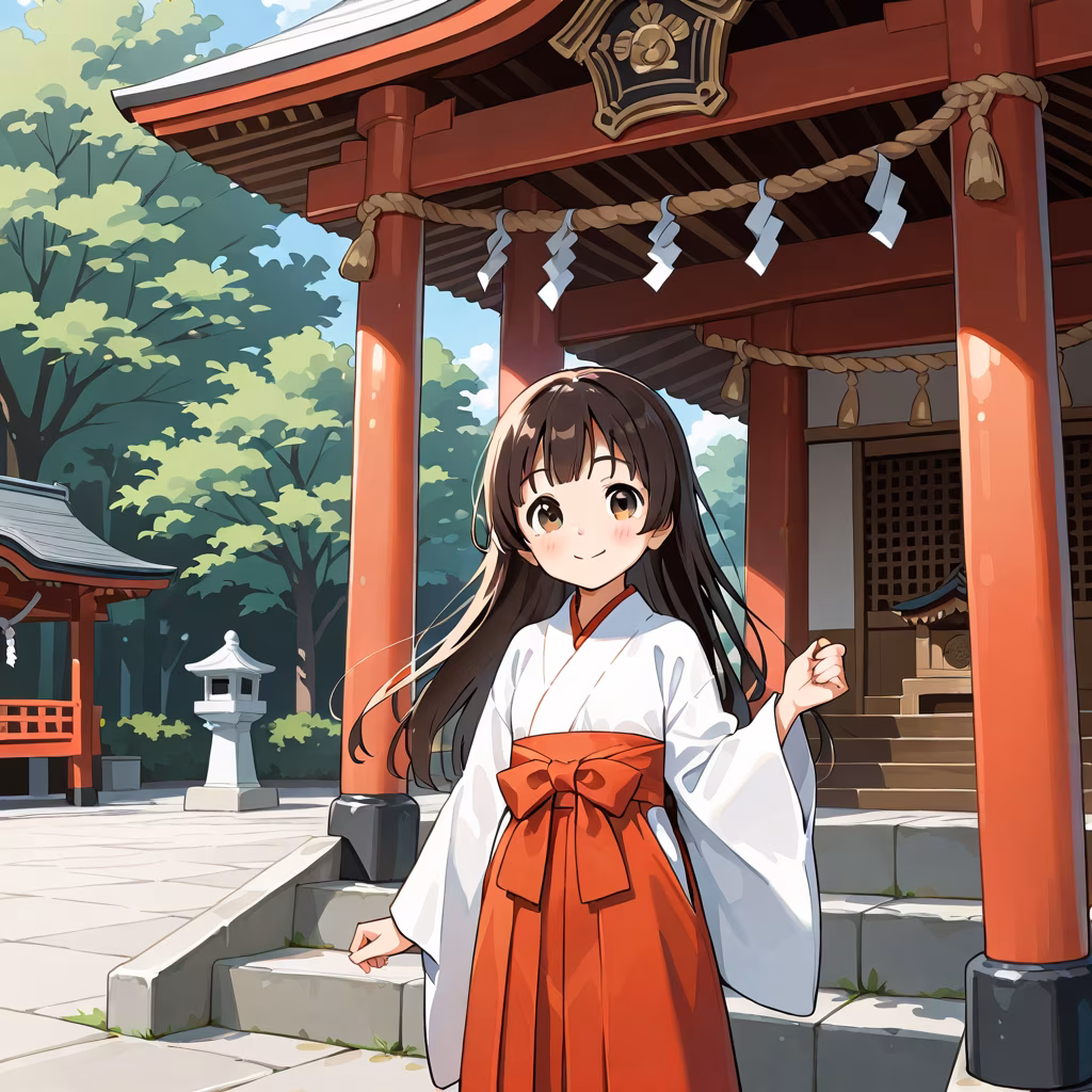 1girl shrine smile
