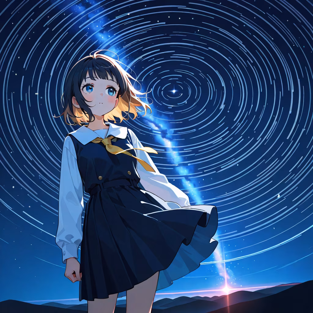 1girl star trail cowboy shot