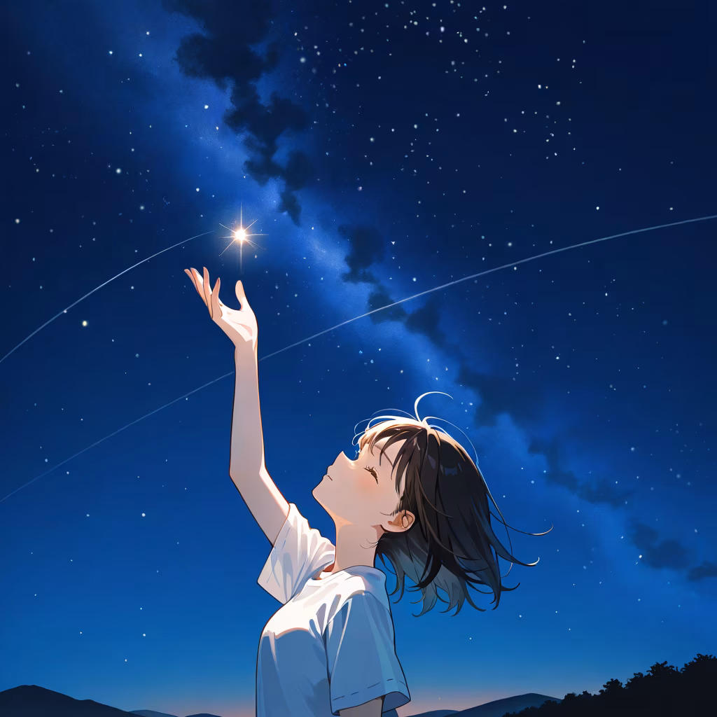 1girl night sky general closed eyes looking up hand up