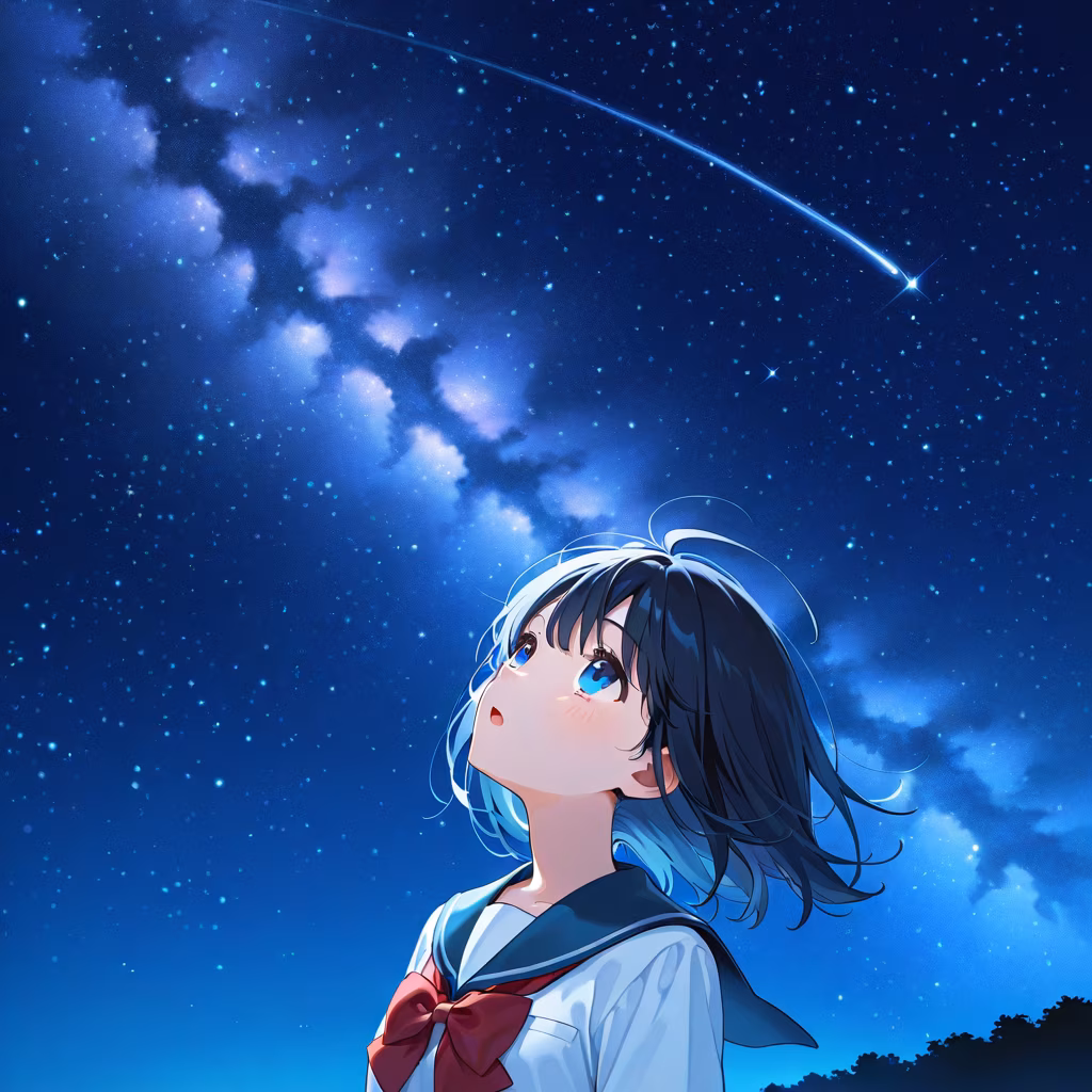 1girl starry sky looking up open mouth serafuku red bow