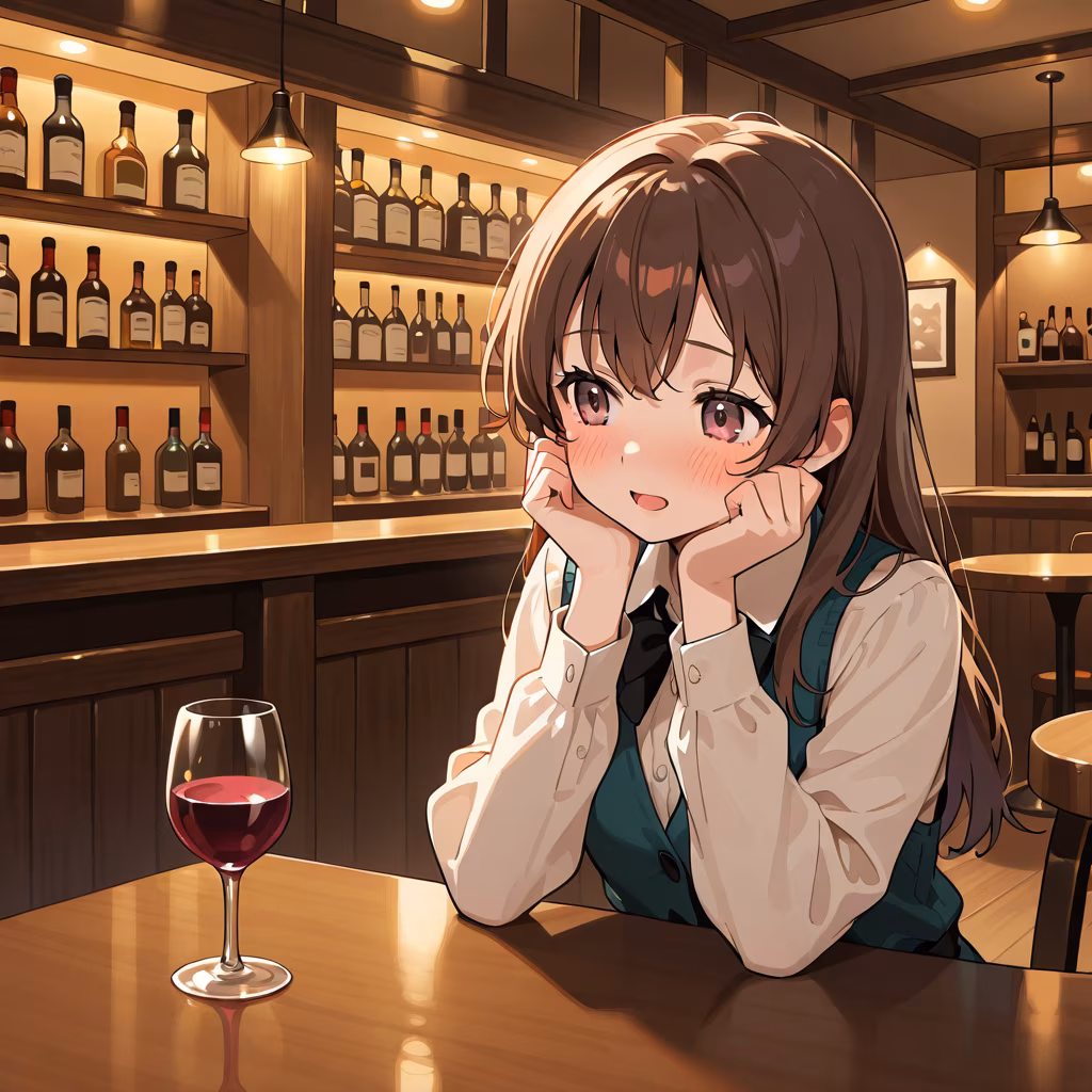 1girl bar place open mouth wine glass safe table