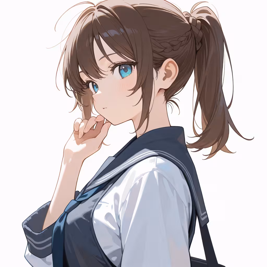 1girl ponytail with braided base upper body white background