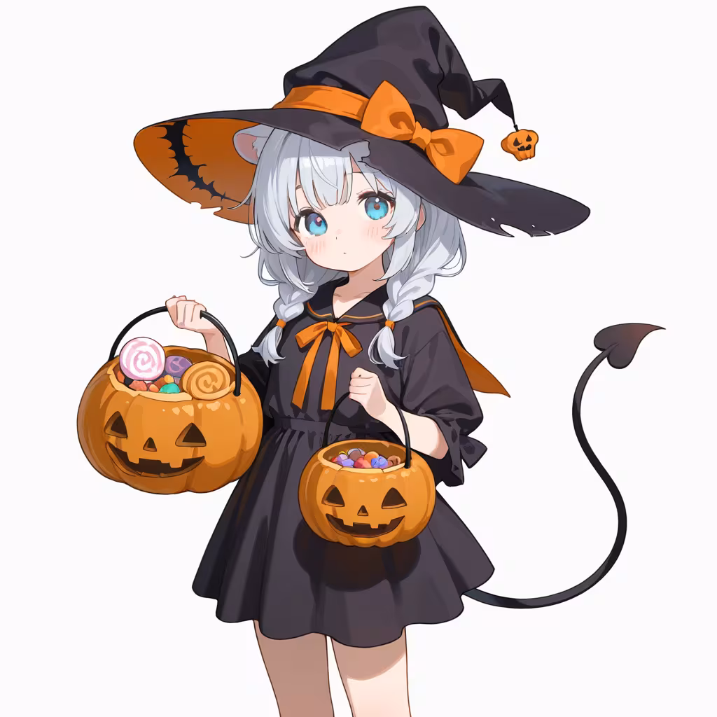 1girl holding halloween bucket simple background white background