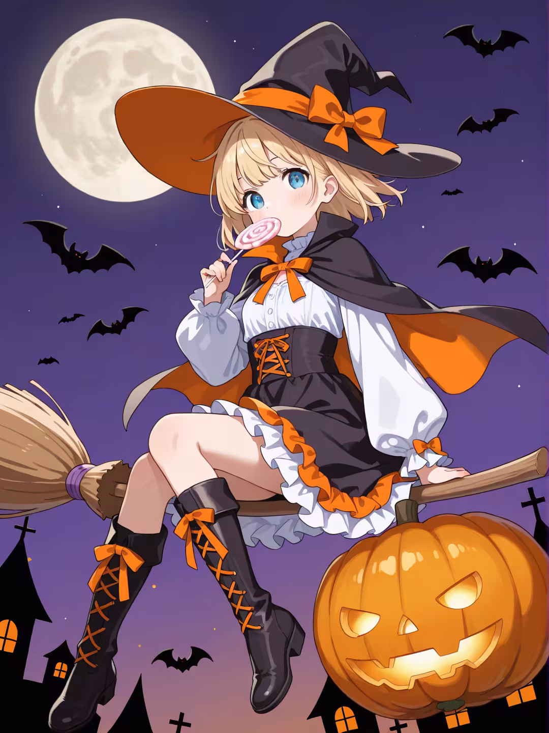 1girl halloween witch broom riding knee boots holding swirl lollipop